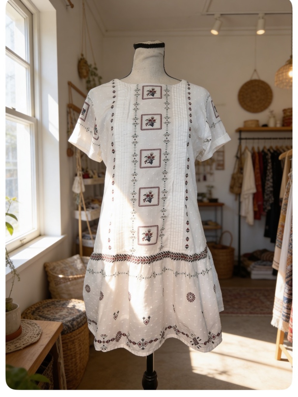 Bombay Paisley Medium White Embroidered Tunic Dress Boho Swiss Dot Open Back